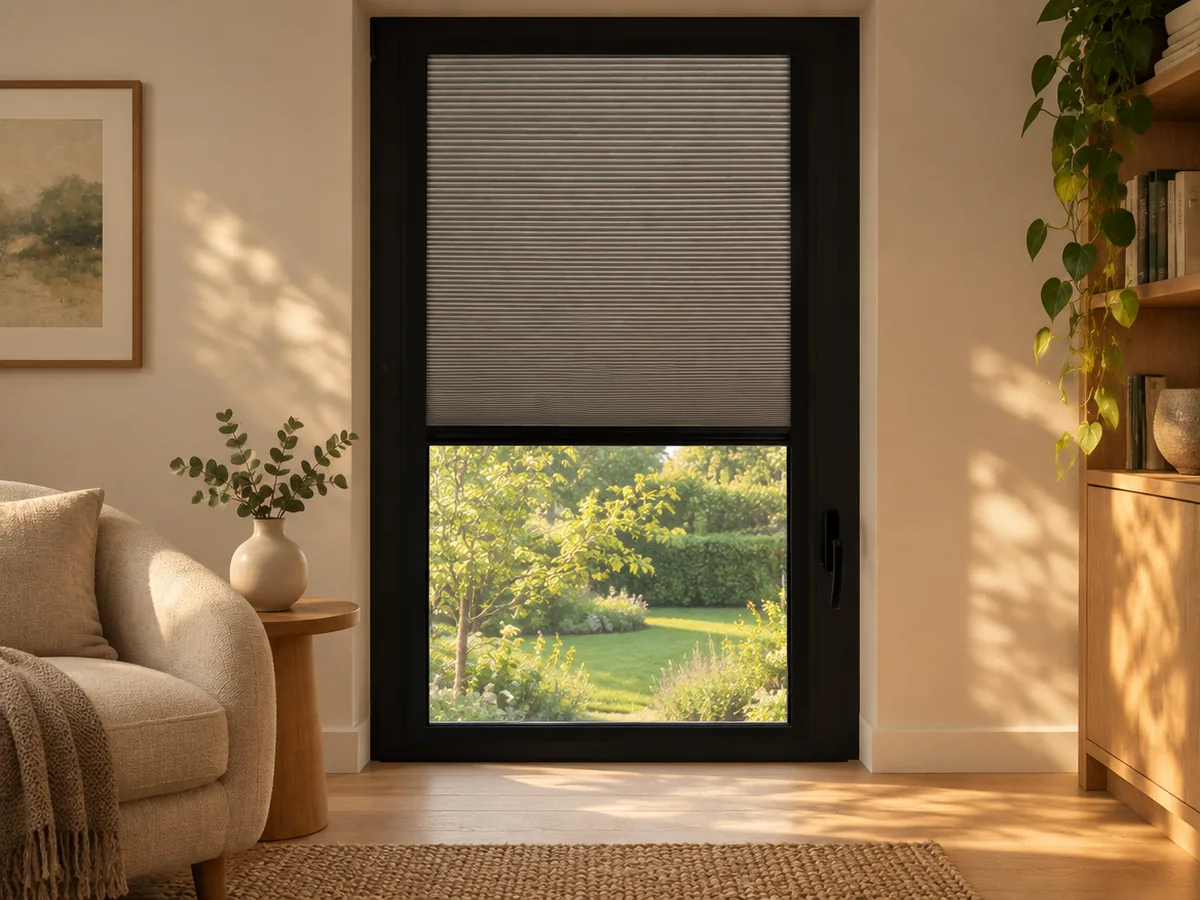 Cortina celular con textura de panal bajada dos tercios sobre una ventana de marco negro, en un living c&aacute;lido con vista al jard&iacute;n