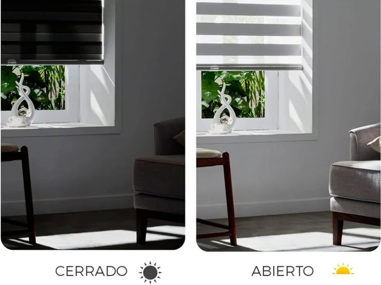 La misma ventana con la cortina Duo cerrada y con la cortina Duo abierta