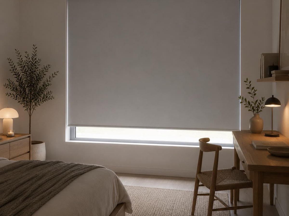 Dormitorio con cortina Roller Blackout bajada que bloquea la luz del ventanal
