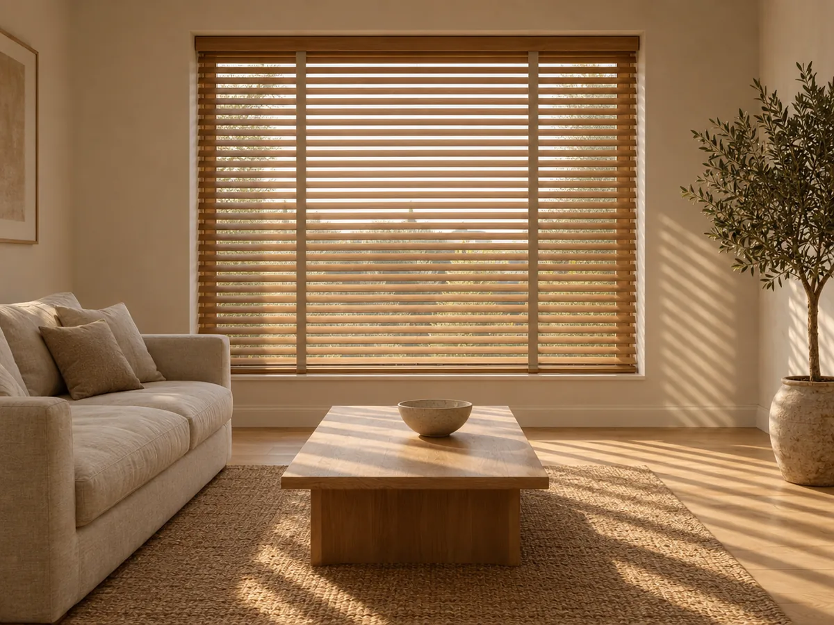Living con veneciana de madera: las lamas inclinadas dejan entrar el sol en franjas sobre el piso